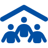 Blue icon of three people under a roof