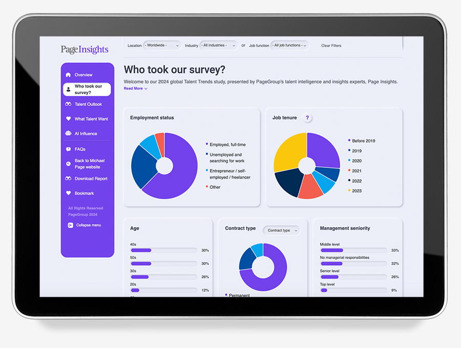 Tablet displaying survey results with graphs on employment status and job tenure.
