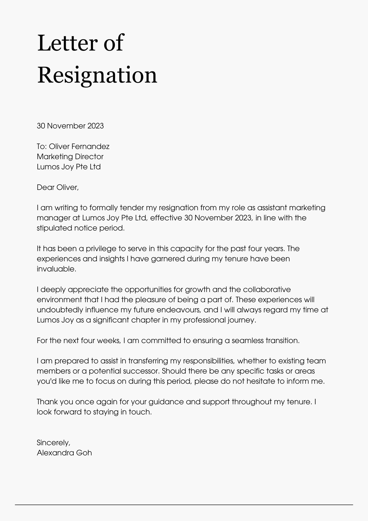 Here is an example of how a resignation letter would look like