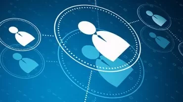 Digital network graphic with user icons connected by lines on a blue background.