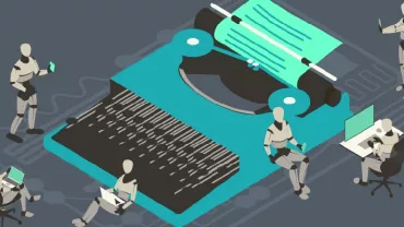 An illustration of robots on electronic devices, positioned around a typewriter.