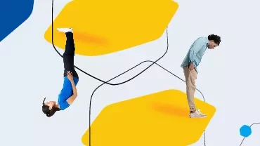 Person upside down on abstract yellow shapes