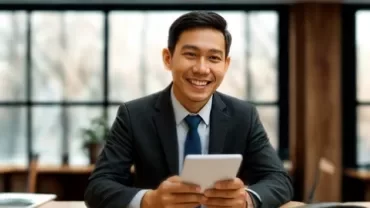 A man in a suit smiles while using his phone, likely preparing to discuss a pay rise with his employer.