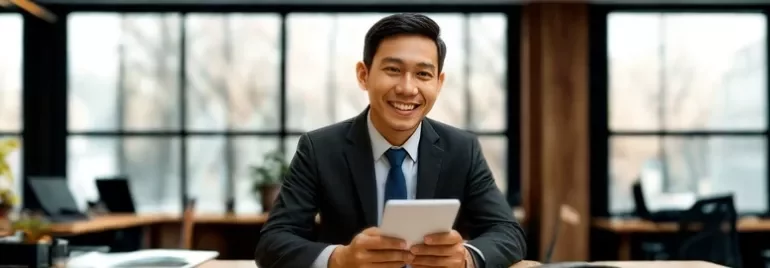 A man in a suit smiles while using his phone, likely preparing to discuss a pay rise with his employer.