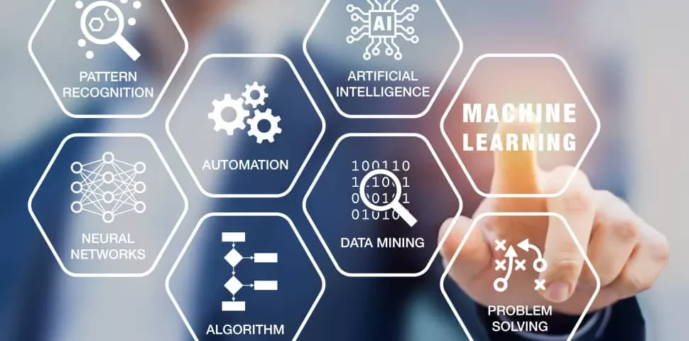 A person pointing at a digital interface with hexagons labeled: machine learning