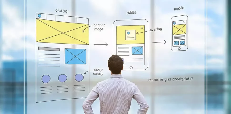 Man looking at sketches of responsive web design layouts on glass board.