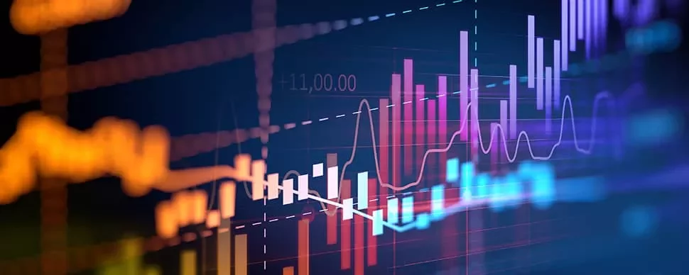 Colorful stock market chart with fluctuating lines and bars.