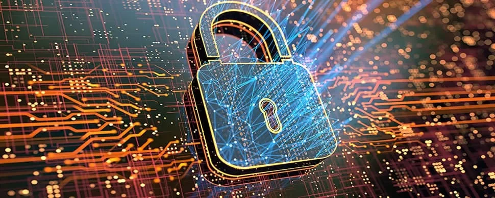 Digital padlock on a circuit board representing cybersecurity.
