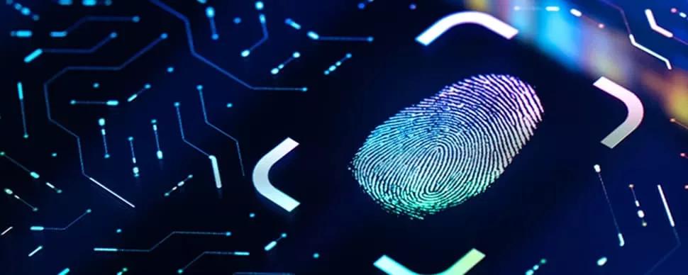 A digital fingerprint illuminated on a blue circuit board background.