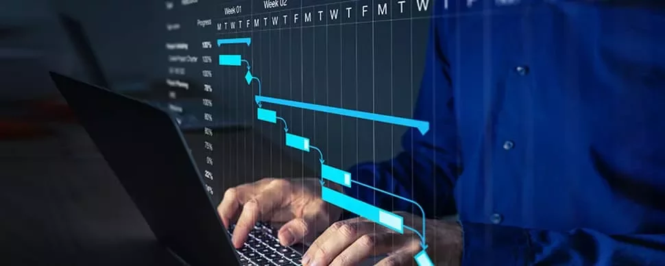 Person typing on laptop with overlay of project management timeline and progress chart.