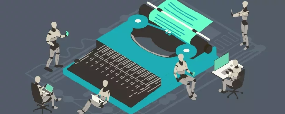 Robots working with a large typewriter and computers.