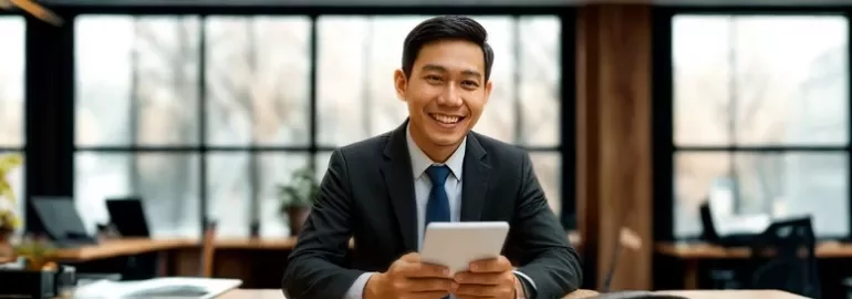 A man in a suit smiles while using his phone, likely preparing to discuss a pay rise with his employer.